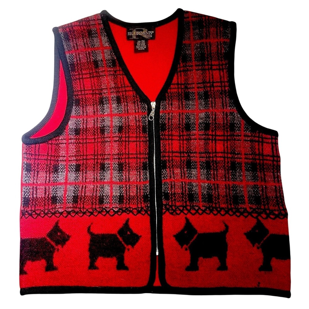 Requirements Wool Vest Petite Medium Red Plaid Scottie Dog Zip Front Vintage
